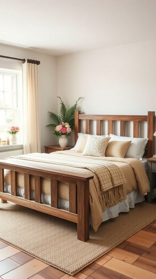 Guest bedroom with wooden bed frame, neutral bedding, and fresh floral decor.