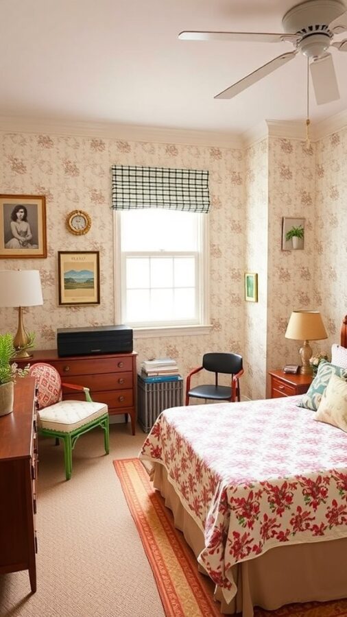Guest bedroom with floral wallpaper, quilted bedding, and vintage furnishings.
