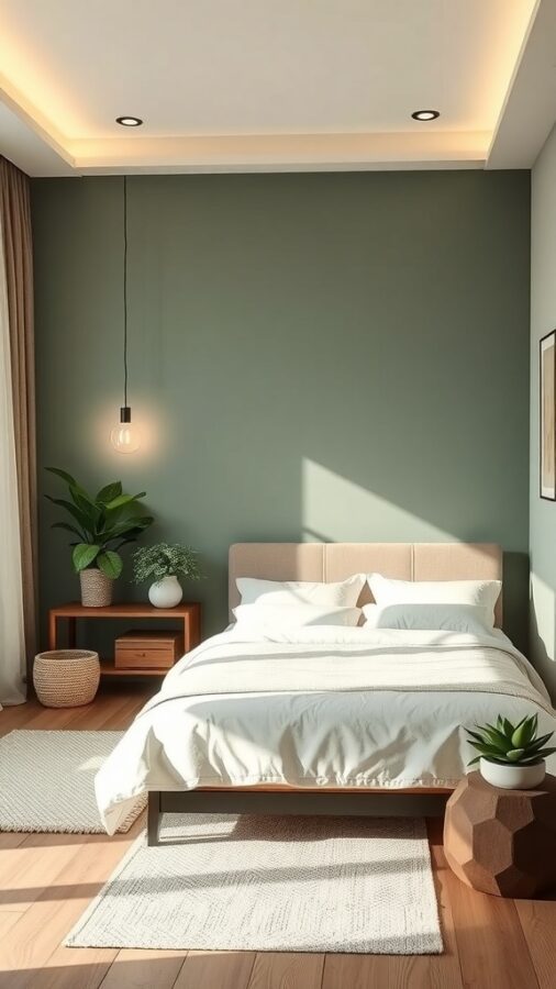 Spa-inspired guest bedroom with muted green walls, wooden floors, and plush white bedding.