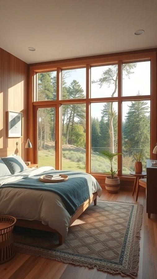 Serene guest bedroom with large windows, wooden accents, and cozy bedding.