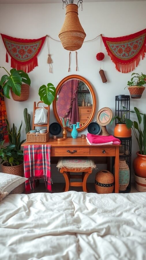 A bohemian-inspired makeup station with a wooden vanity, plants, and colorful textiles.