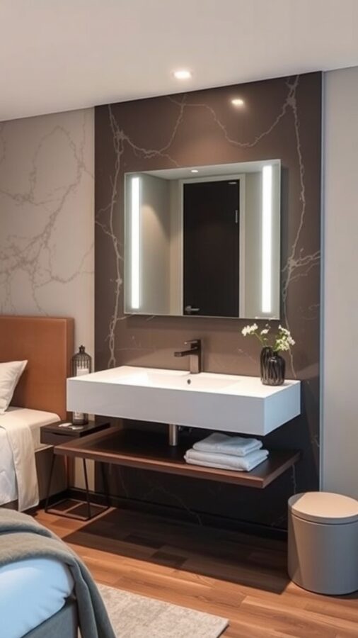 A modern floating vanity with a white sink, dark wall, and integrated lighting, showcasing a sleek and minimalist design.
