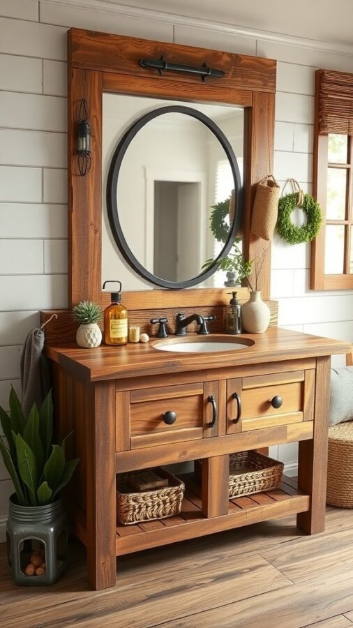 Rustic farmhouse vanity with wooden finish, round mirror, and storage baskets