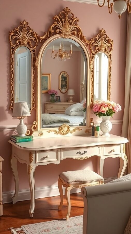 A vintage glam vanity corner featuring a beautifully designed vanity table, ornate mirror, and soft pink walls.