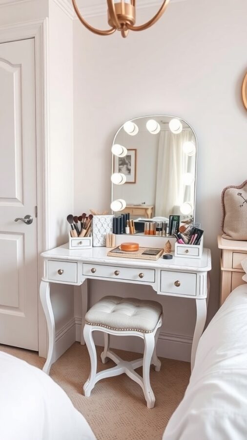 A stylish white makeup desk with organized storage and a large mirror surrounded by lights.