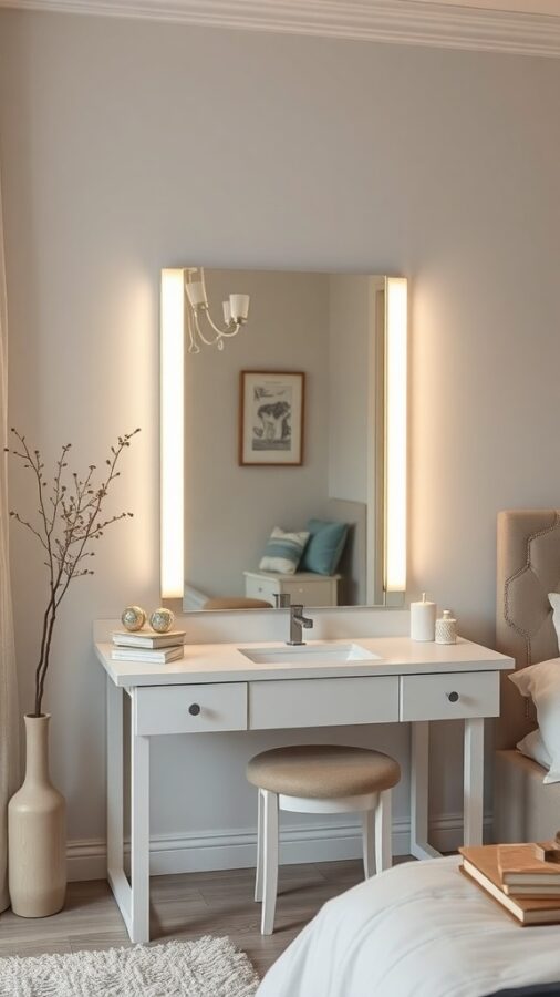 A chic minimalist vanity design featuring a simple table, a large mirror with lighting, and subtle decor.