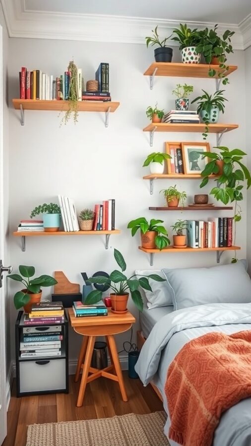 A small bedroom featuring vertical shelving with books, plants, and decorative items.
