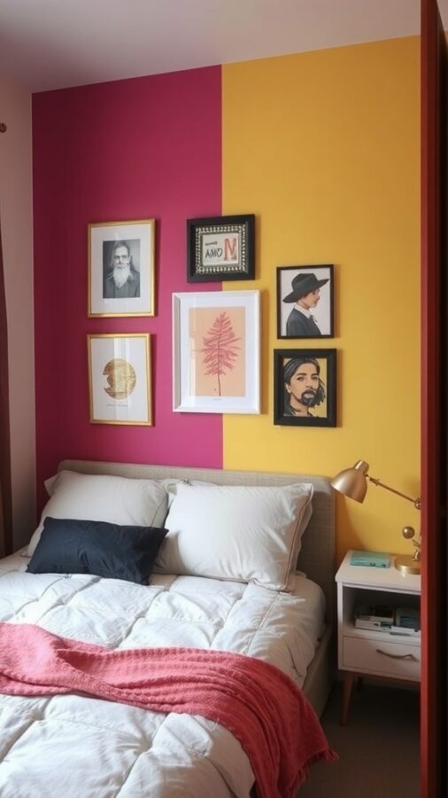 A small bedroom featuring a pink and yellow accent wall with framed artwork, a neatly made bed, and a bedside table.