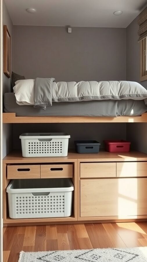 A small bedroom with a raised bed and organized under-bed storage using baskets and drawers.