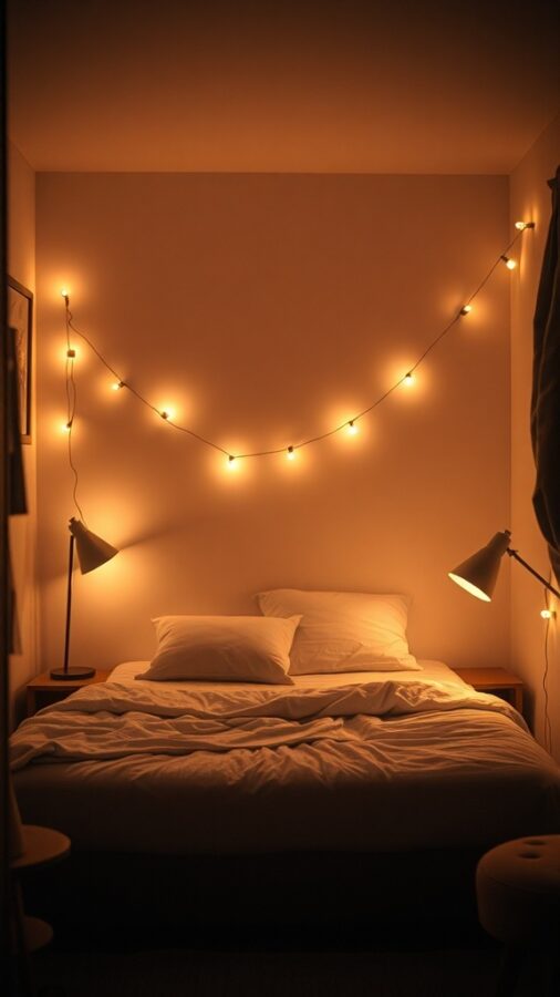 A cozy small bedroom with warm string lights and bedside lamps creating a welcoming atmosphere.