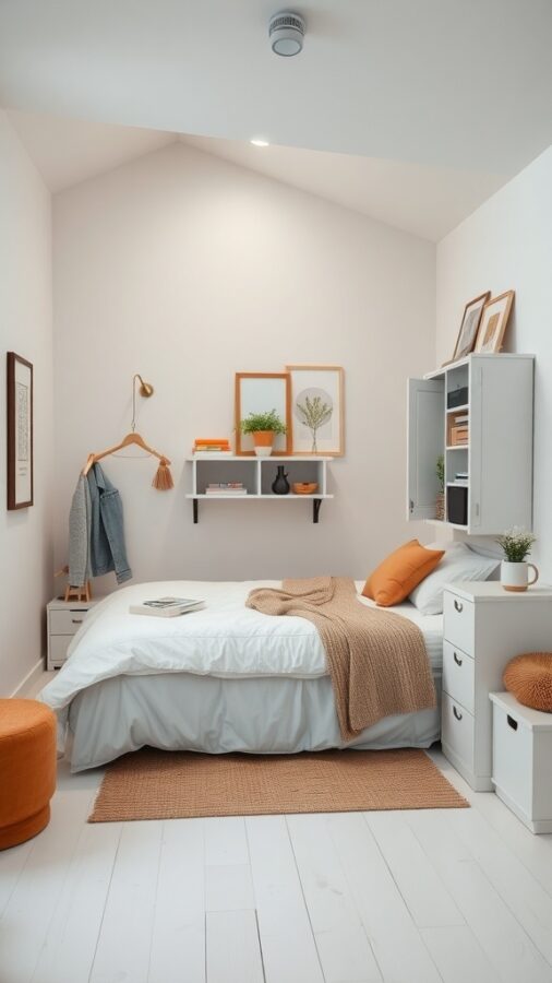 A small minimalist bedroom featuring a neatly made bed, orange accents, and organized storage solutions.