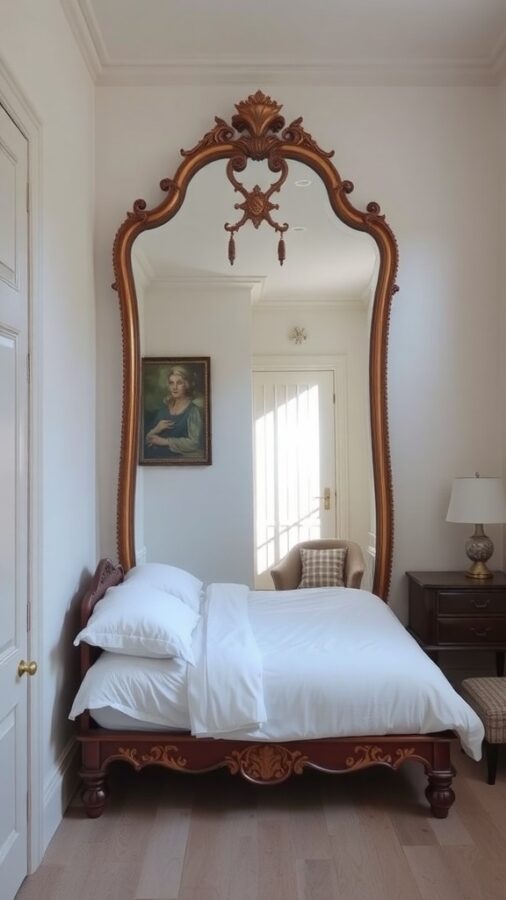 A small bedroom featuring a large ornate mirror above a bed, reflecting light and creating depth.