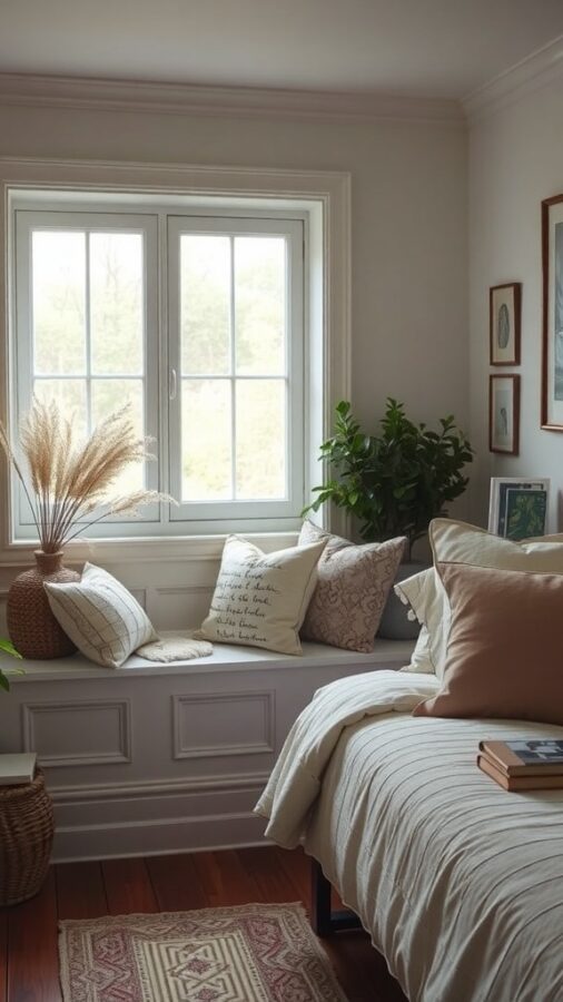 Cozy bedroom nook with a window seat, pillows, and a plant.