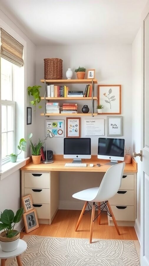 A cozy home office setup in a nook with a wooden desk, two monitors, and decorative shelves.