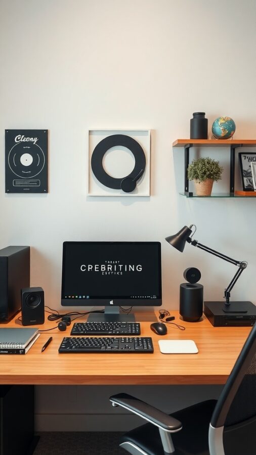 A modern home office setup featuring a computer, speakers, and decorative elements on the wall.