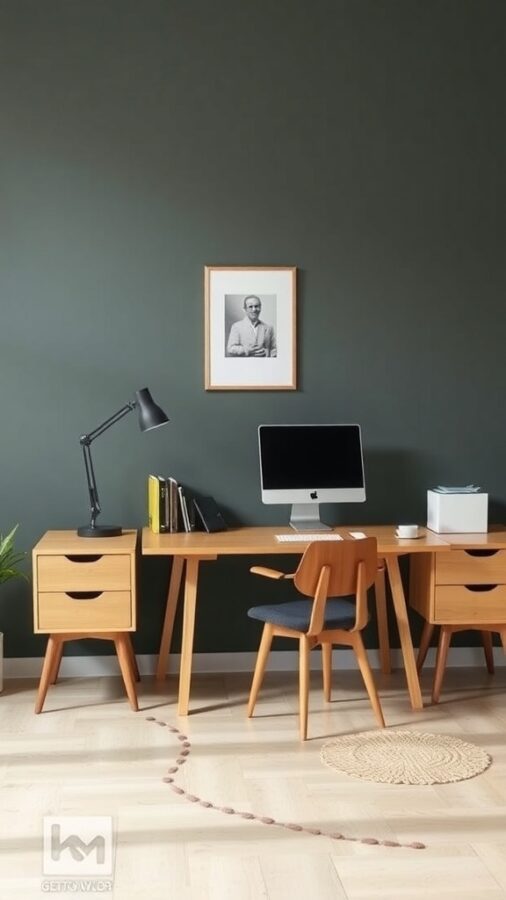 A modern small home office featuring a sleek desk, a chair, and storage units against a dark green wall.