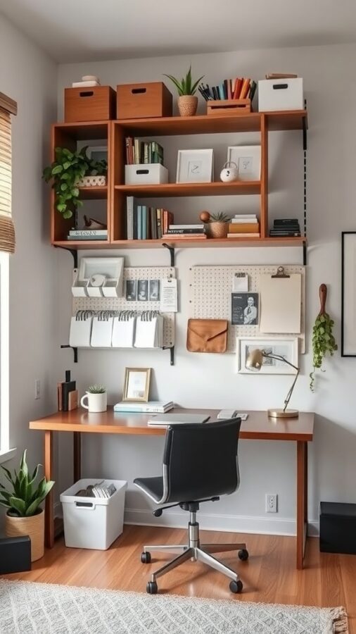 A small home office with wall-mounted shelves, a desk, and decorative plants.