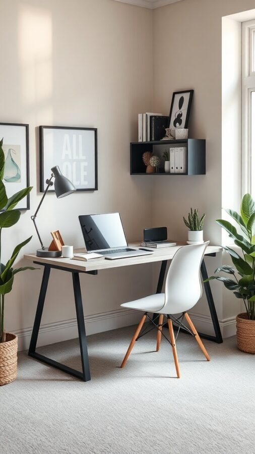 A compact home office with a modern desk, laptop, and plants in a cozy corner.