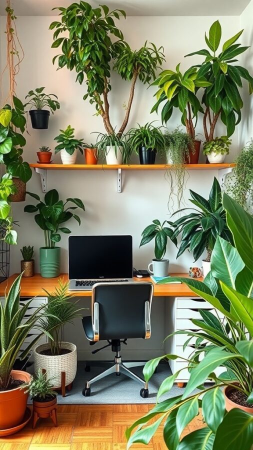 A small home office filled with various plants, featuring a desk with a computer and a comfortable chair.