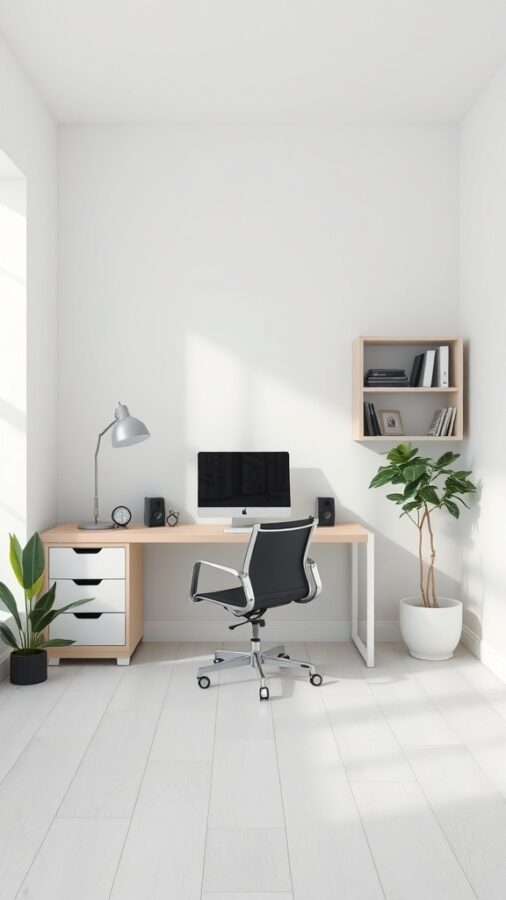 A minimalist home office featuring a simple desk, a computer, a chair, and plants, designed to reduce clutter.