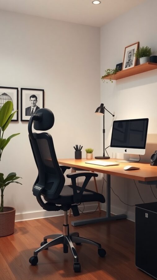 A modern ergonomic home office setup featuring a sleek chair, desk, computer, and a potted plant.