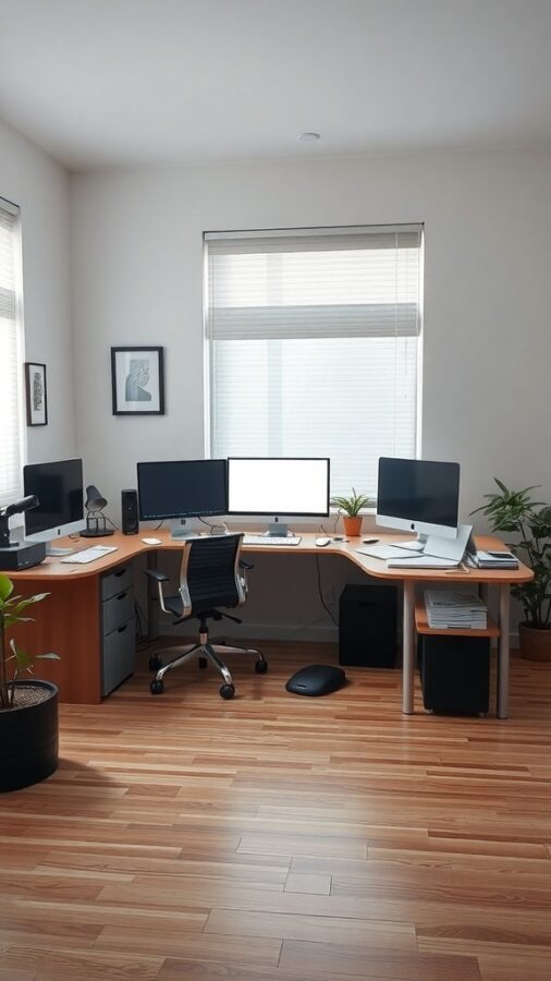 Modern L-shaped desk with dual monitors and plants