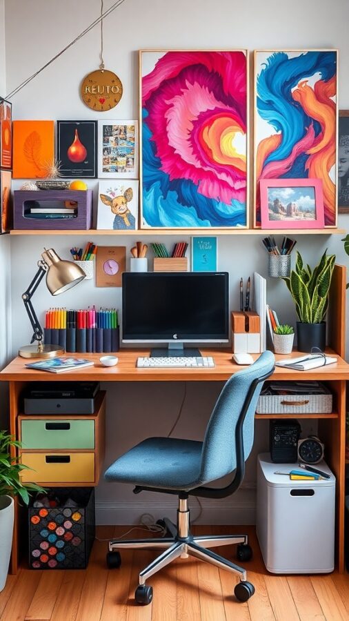 Colorful creative desk with artwork and plants