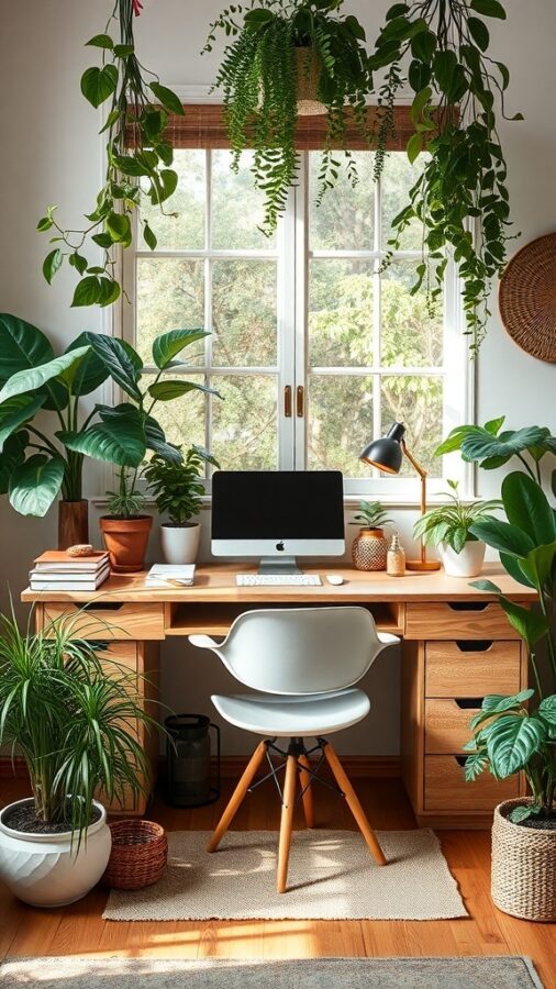 Nature-inspired desk with plants and computer