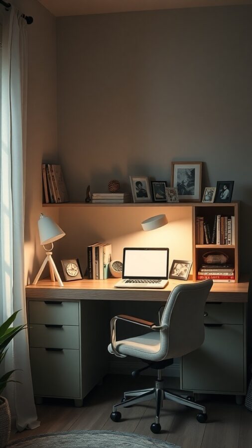 Cozy corner home office with desk, chair, and decor