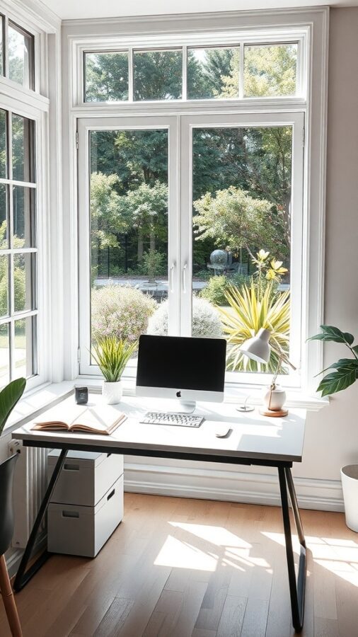 Bright home office with modern desk and plants near windows