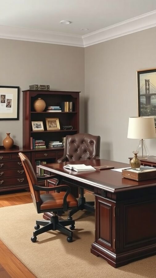 Traditional executive office with wooden desk and leather chair