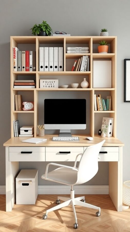 Modern desk with storage, computer, and decor