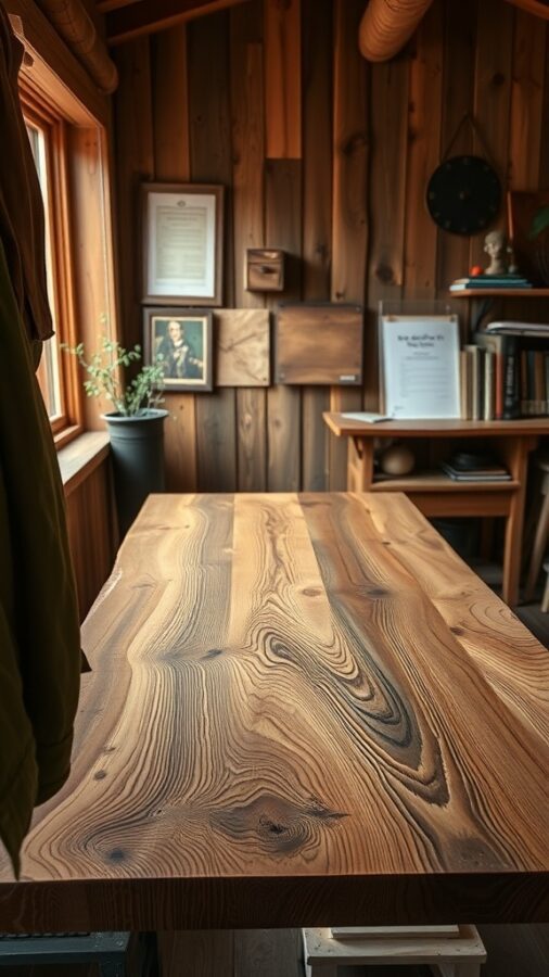 Artisan wooden desk with natural grain in cozy office
