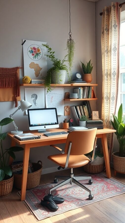 Bohemian desk with wooden surface, plants, and colorful wall art