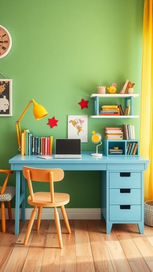 Bright kids' study desk with blue surface and colorful decor