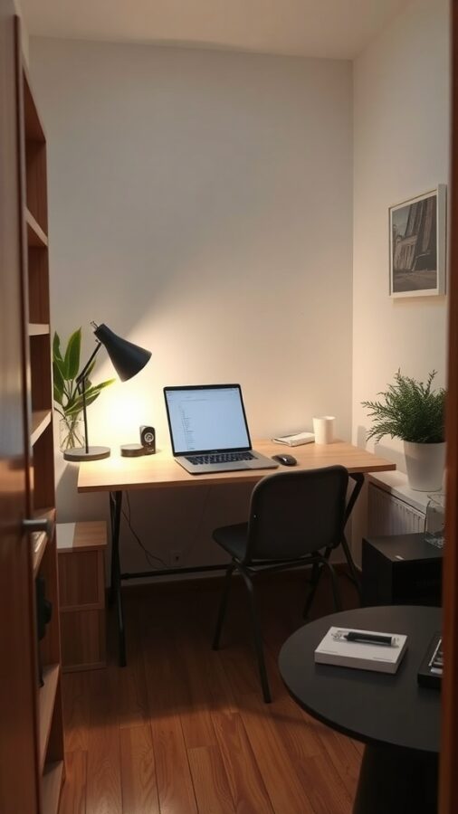 Compact foldable desk with laptop and plants