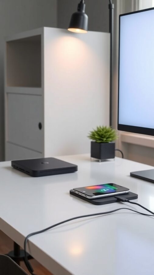 Tech-savvy desk with laptop, wireless charger, and plant