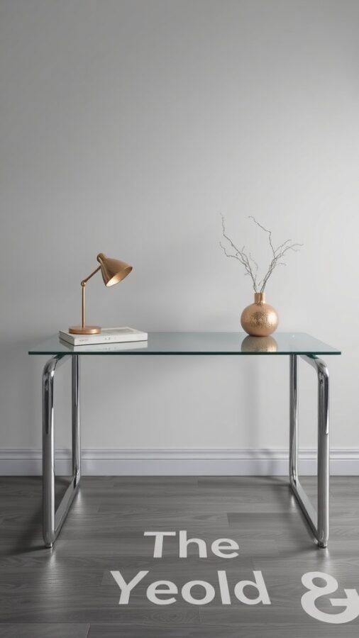 Modern glass top desk with chrome legs and decorative vase