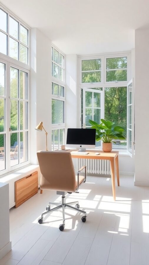 Minimalist home office with large windows, wooden desk, comfortable chair, and potted plant.