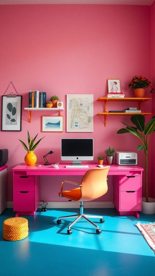 Modern home office with pink walls, pink desk, orange chair, blue flooring, plants, and colorful decor.
