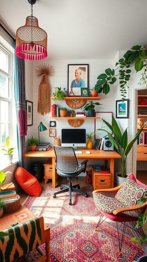Colorful bohemian workspace with plants, stylish desk, and vibrant decor.