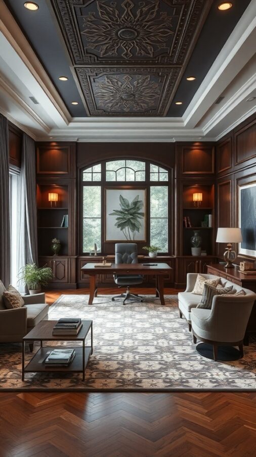 Sophisticated executive office with wood paneling, elegant ceiling, large desk, and seating area.