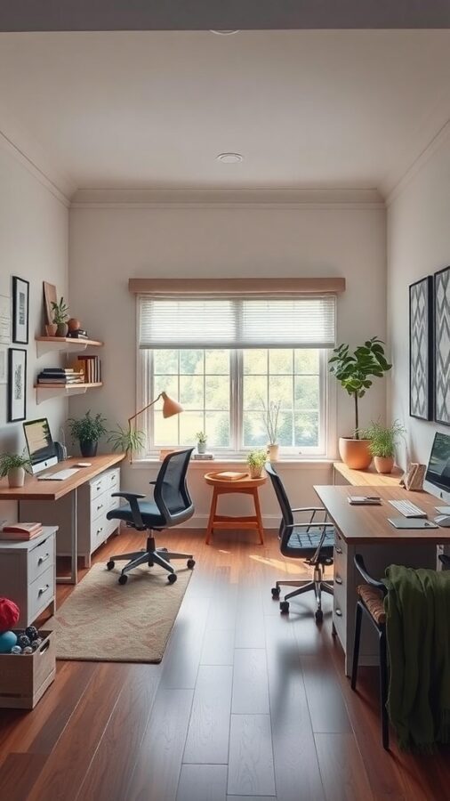 Bright family office with two desks, plants, and central table.