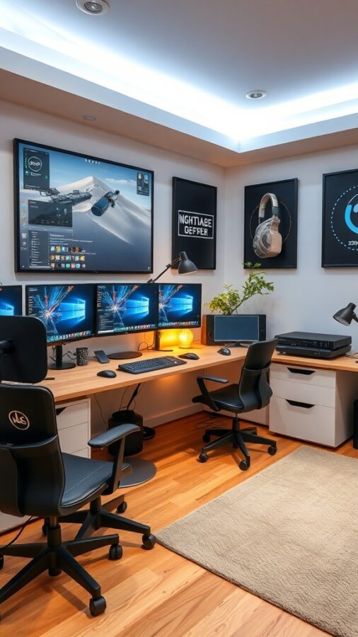 Modern tech-savvy home office with multiple monitors and large wall screen.