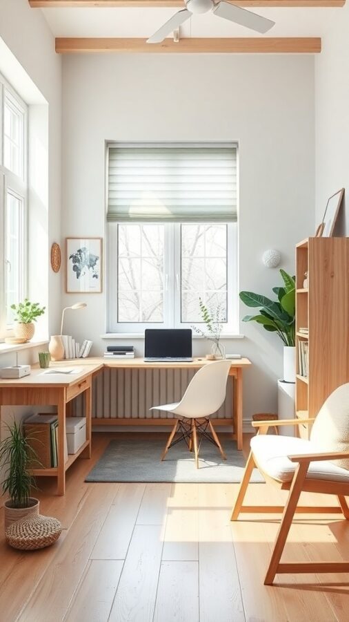 Bright Scandinavian home office with light wood furniture, large windows, and green plants.