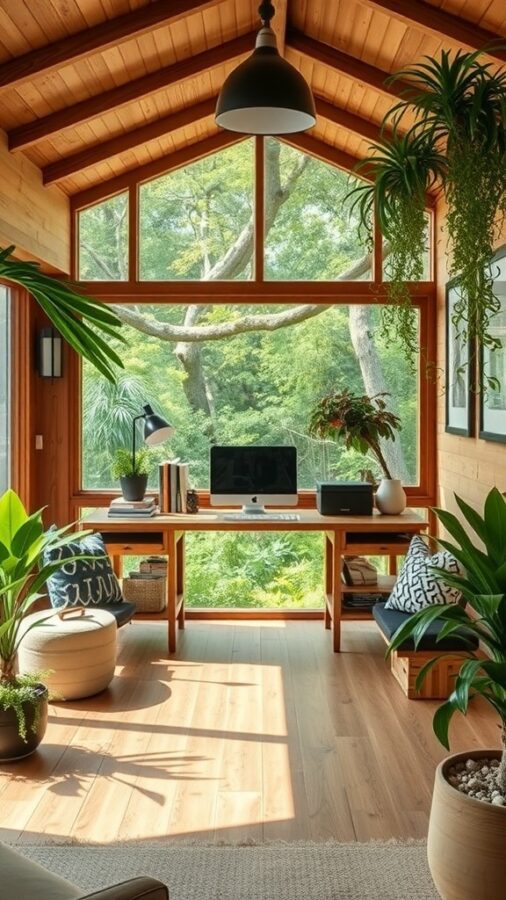 Bright home office with wooden beams, large windows, and indoor plants.