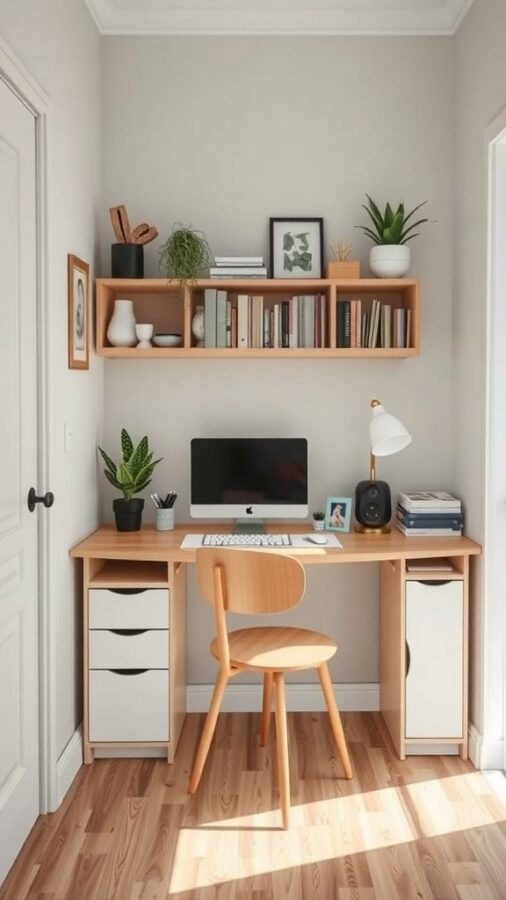 Compact home office with wooden desk, computer, wall-mounted shelves, books, and plants.