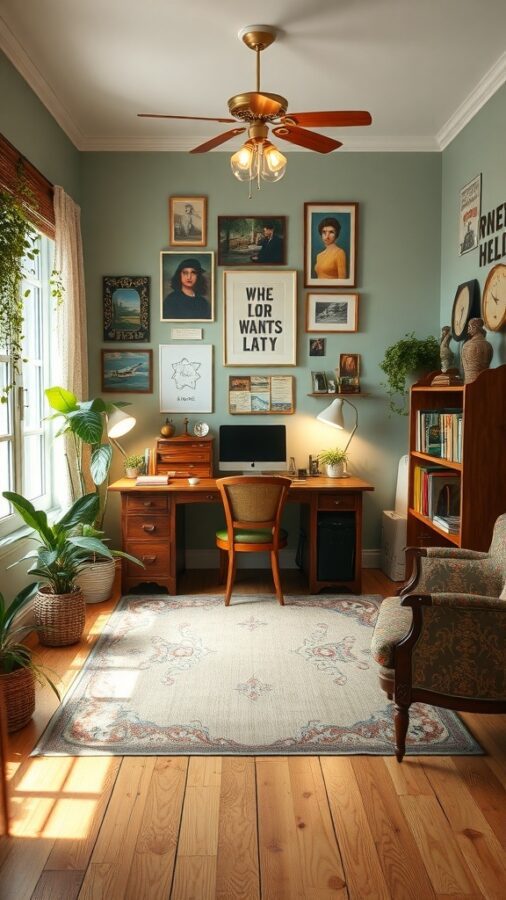 Vintage home office with green walls, wooden desk, framed art, plants, and armchair.