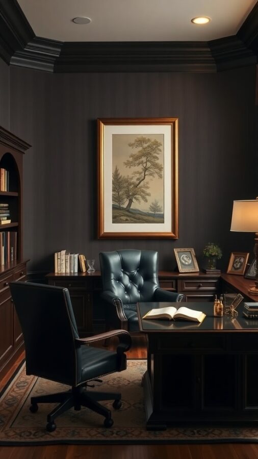 A traditional study with dark walls, wooden furniture, and leather chairs, featuring a desk and artwork.
