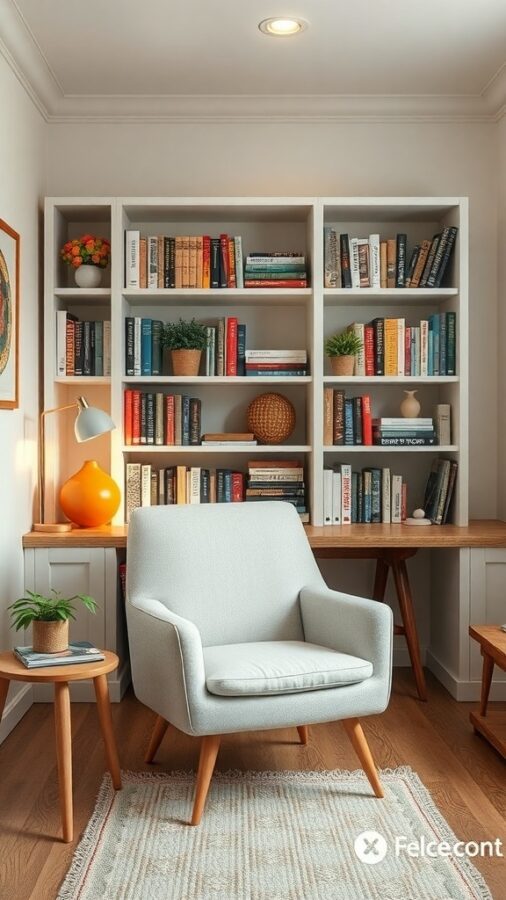 A cozy reading nook office featuring a light chair, bookshelves filled with books, and a small side table with plants.